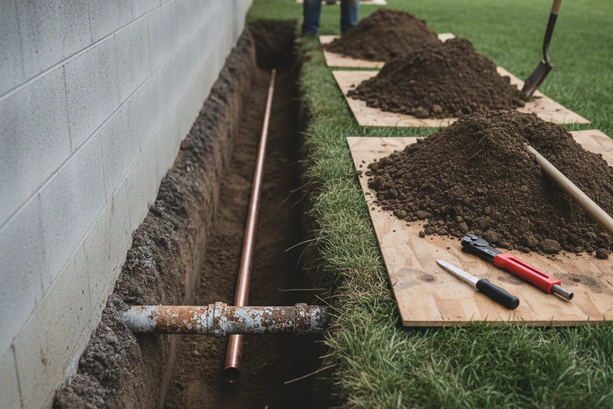 Excavated water line trench during Sewer Line Repair in Howell